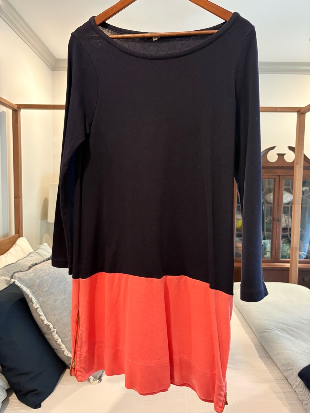 J. Crew Blue and Coral Colorblock Long-Sleeve Dress